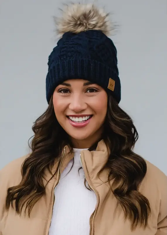 Cable Knit Pom Hat - Navy