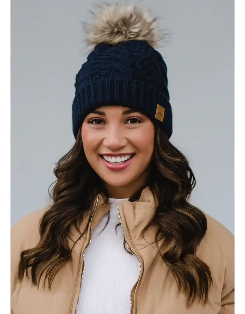 Cable Knit Pom Hat - Navy