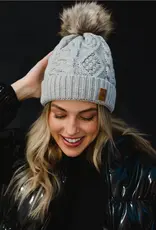 Cable Knit Pom Hat - Light Gray