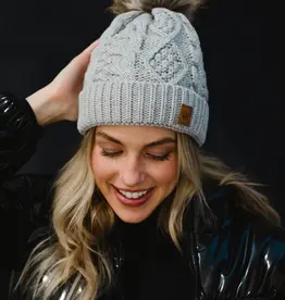 Cable Knit Pom Hat - Light Gray