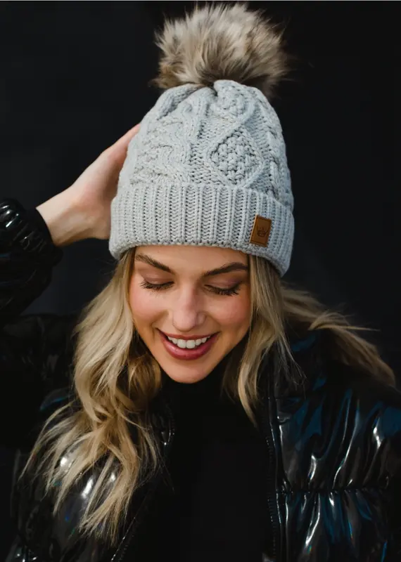 Cable Knit Pom Hat - Light Gray