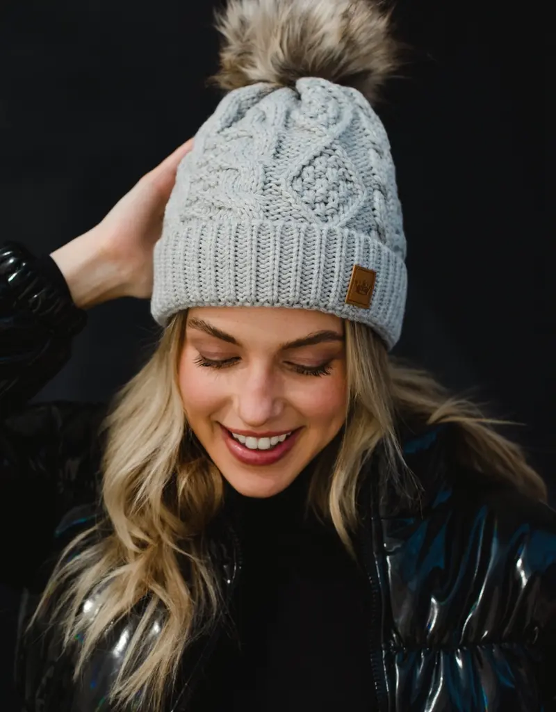 Cable Knit Pom Hat - Light Gray