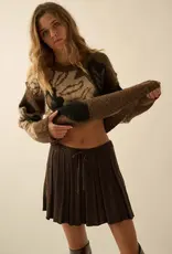 Pleated Ribbed Knit Drawstring Skirt