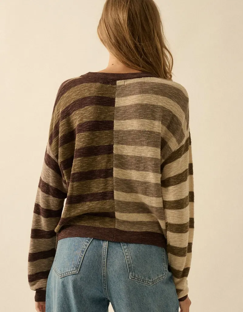 Contrast Color Stripes Ribbed-Knit Sweater