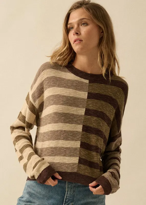 Contrast Color Stripes Ribbed-Knit Sweater