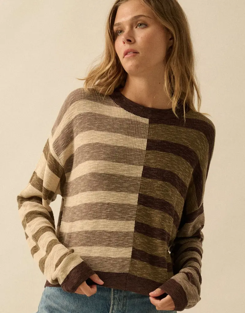 Contrast Color Stripes Ribbed-Knit Sweater