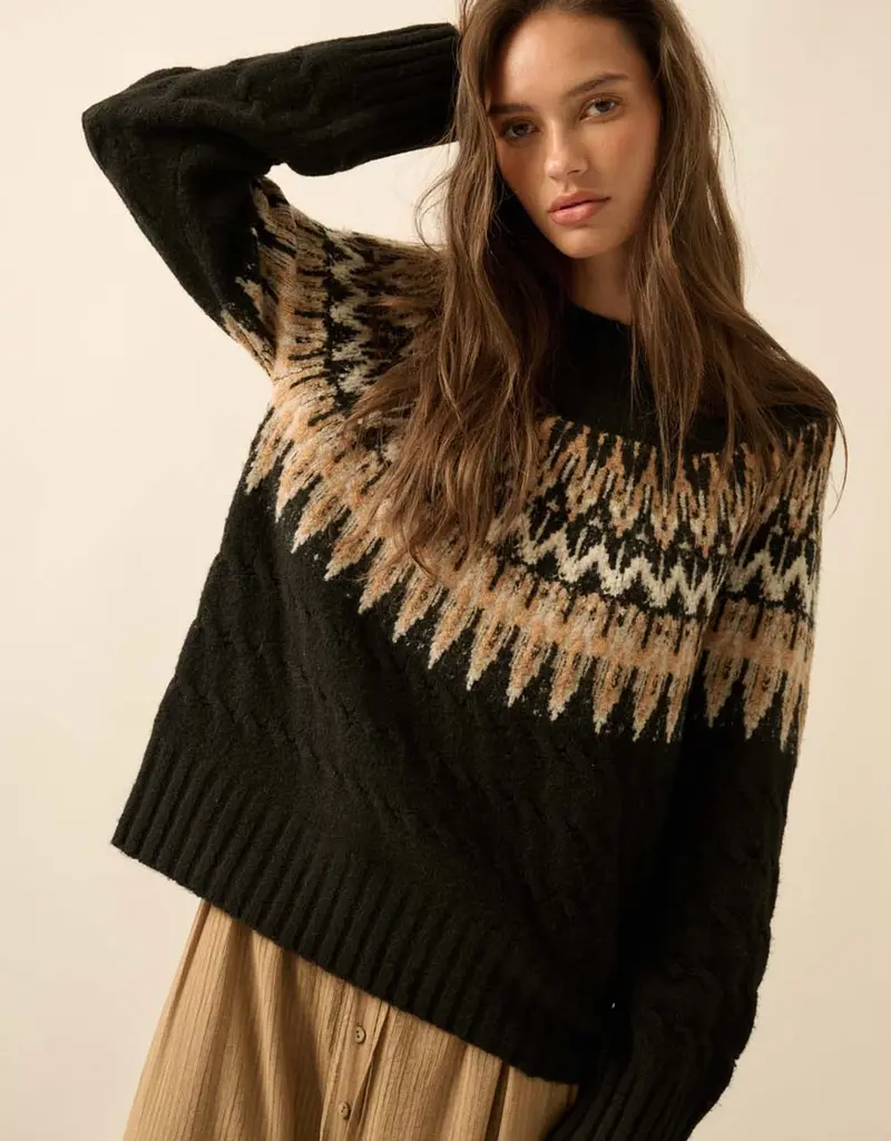 Cable Knit Fair Isle Raglan-Sleeve Sweater