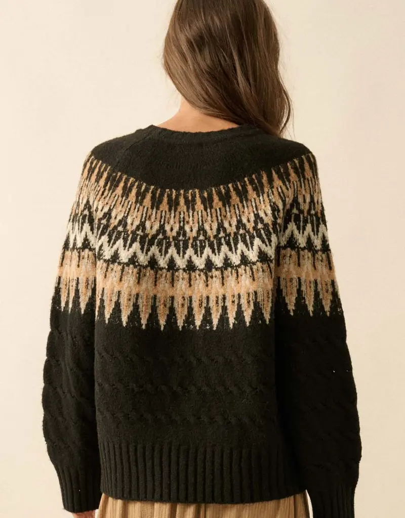 Cable Knit Fair Isle Raglan-Sleeve Sweater
