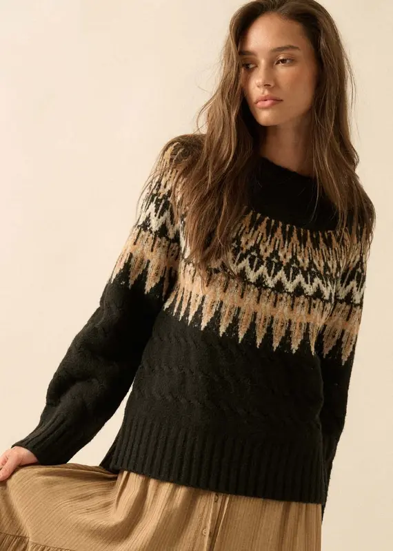 Cable Knit Fair Isle Raglan-Sleeve Sweater