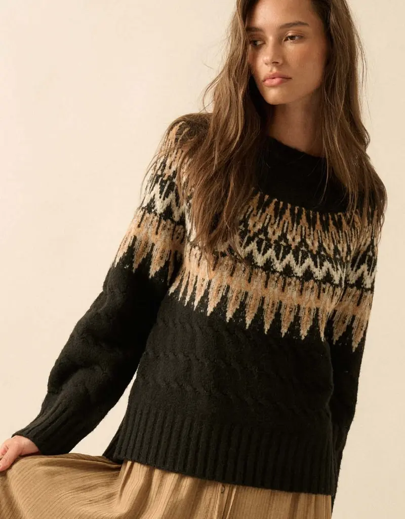 Cable Knit Fair Isle Raglan-Sleeve Sweater