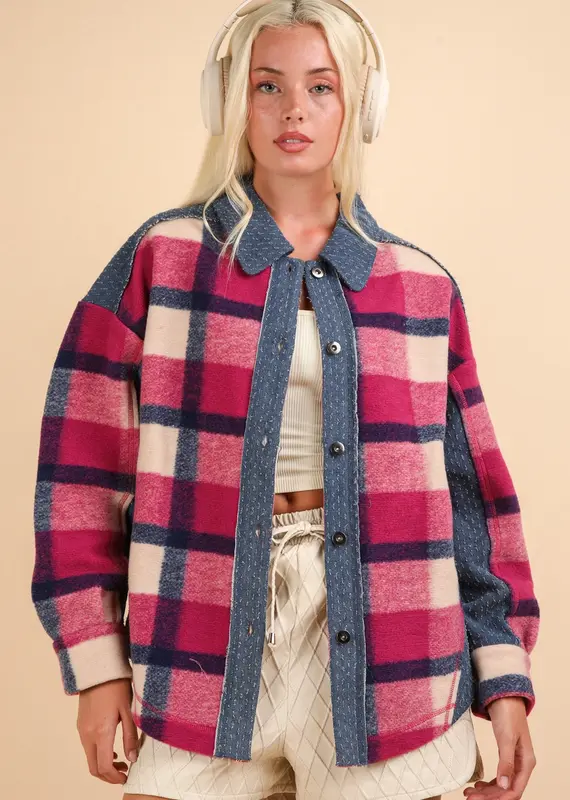 Denim Contrast Plaid Shacket Jacket