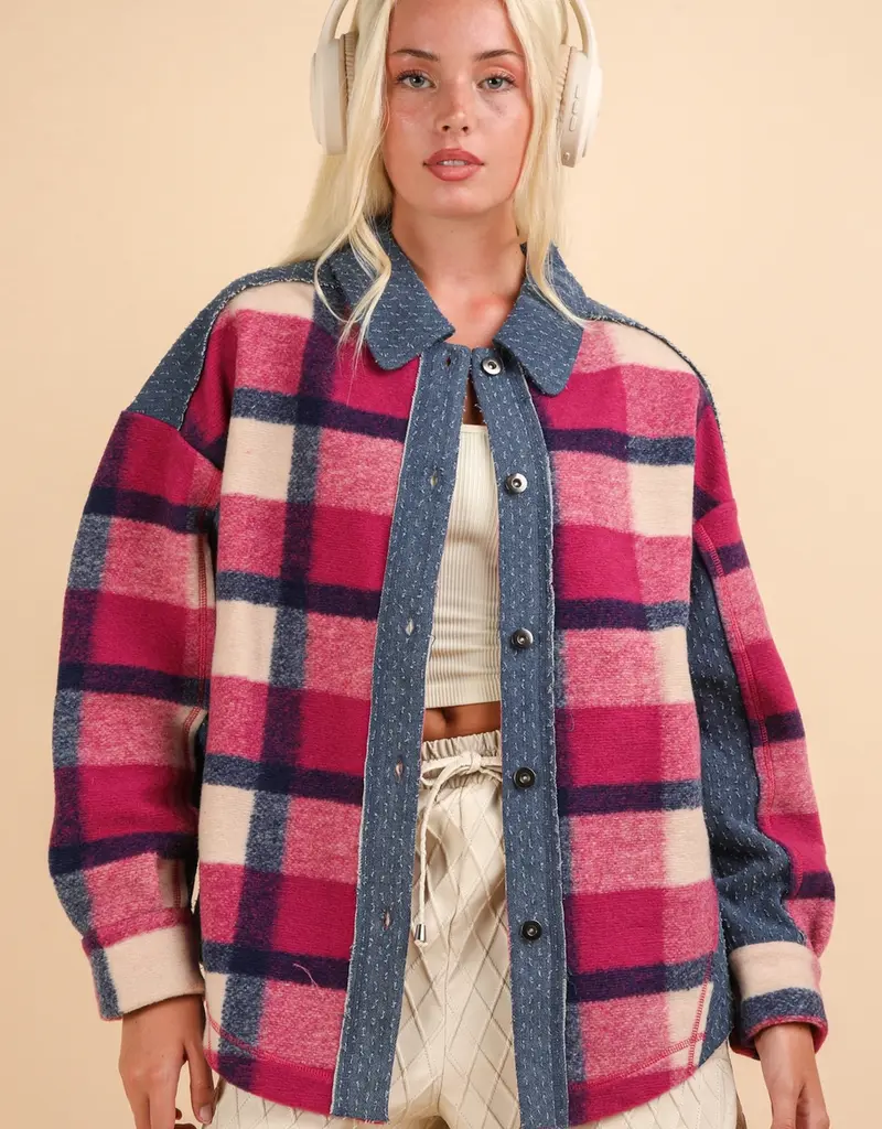 Denim Contrast Plaid Shacket Jacket