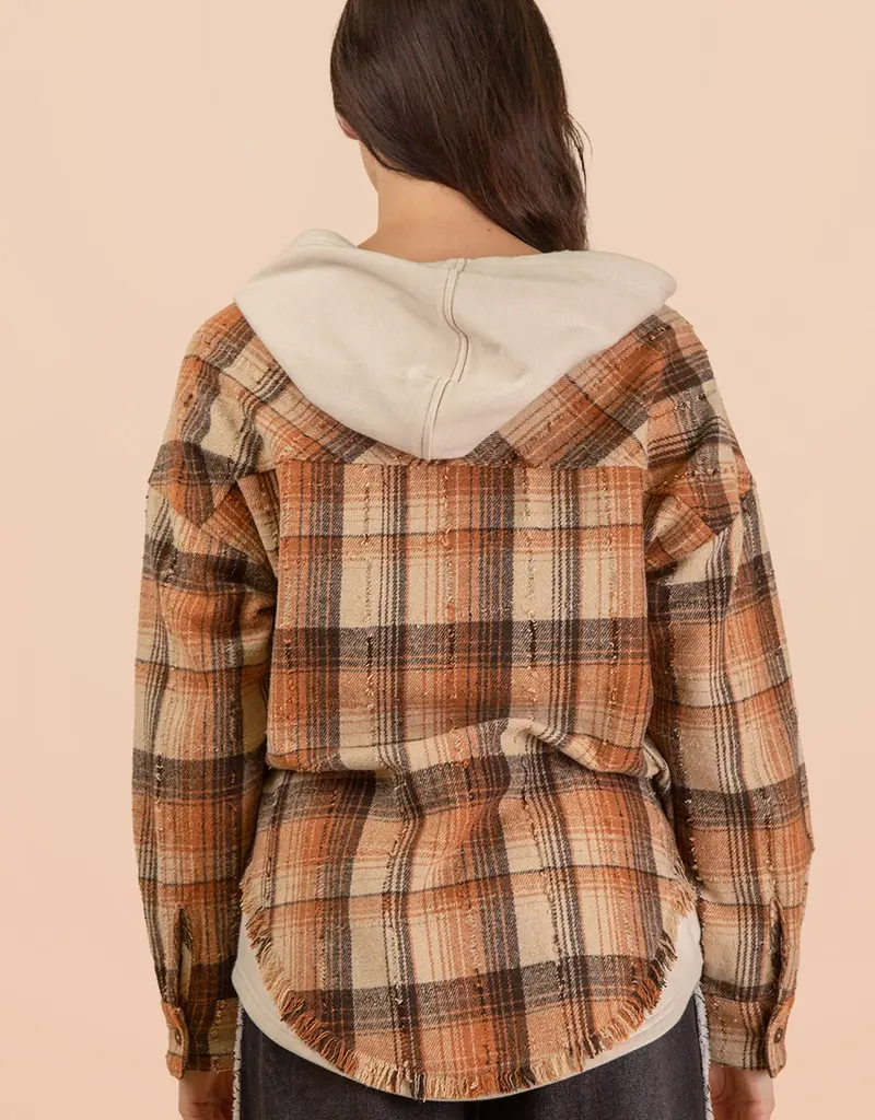 Oversized Flannel Hooded Button Down Jacket