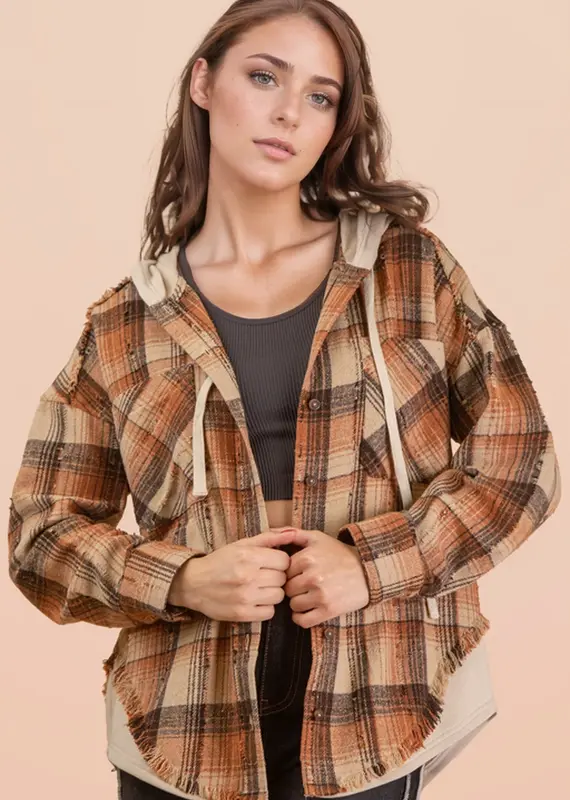 Oversized Flannel Hooded Button Down Jacket