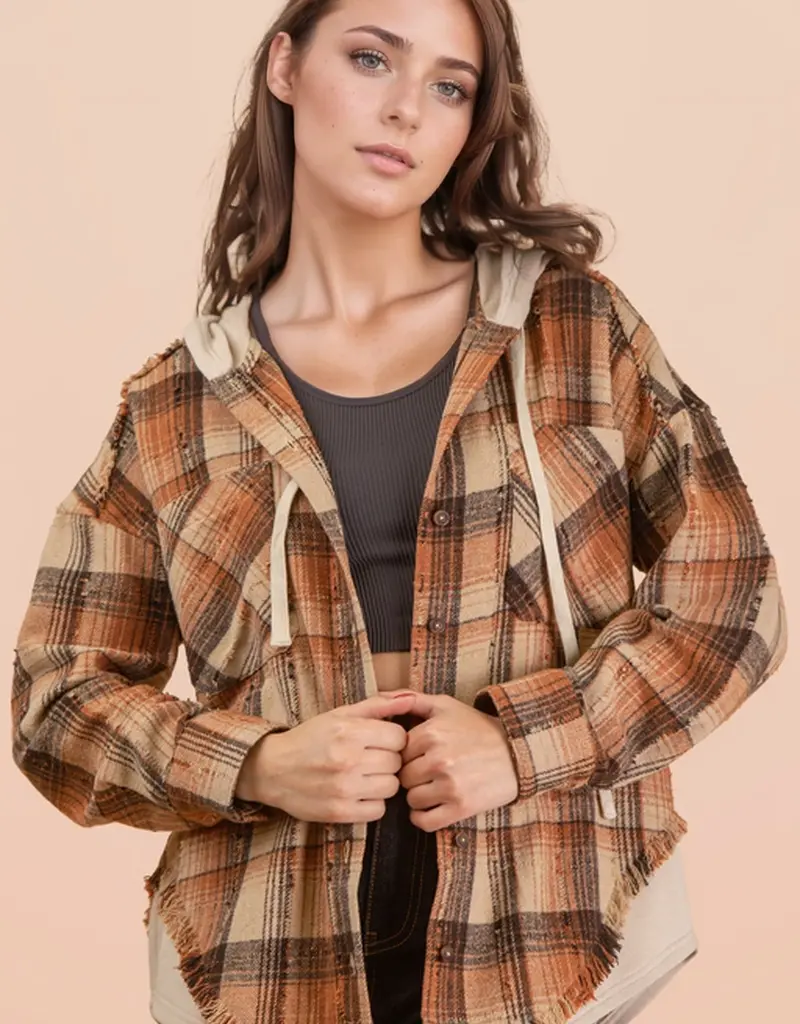 Oversized Flannel Hooded Button Down Jacket
