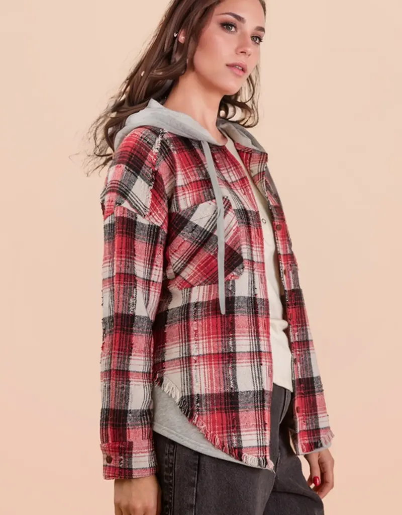Oversized Flannel Hooded Button Down Jacket