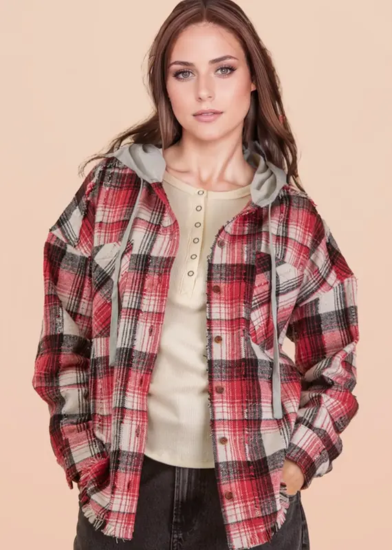 Oversized Flannel Hooded Button Down Jacket