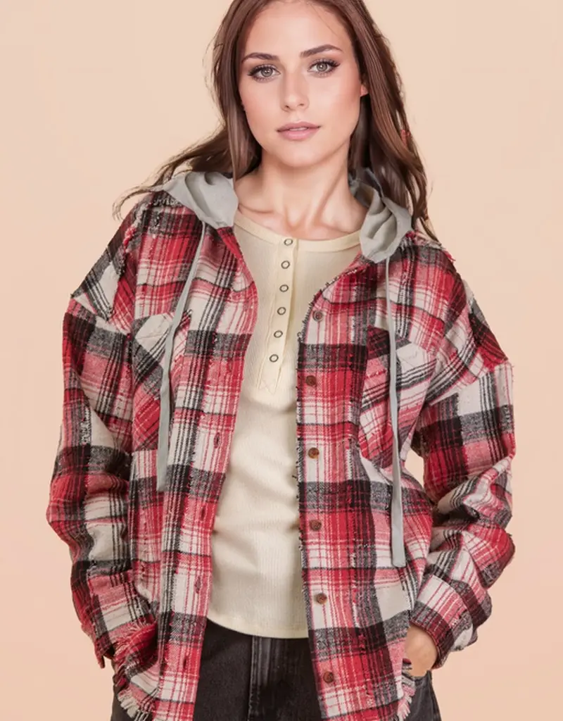 Oversized Flannel Hooded Button Down Jacket