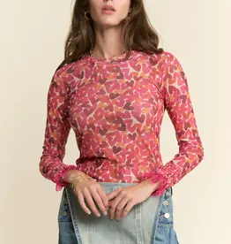 Heart Pattern Lace Detailed Sleeve Mesh Top