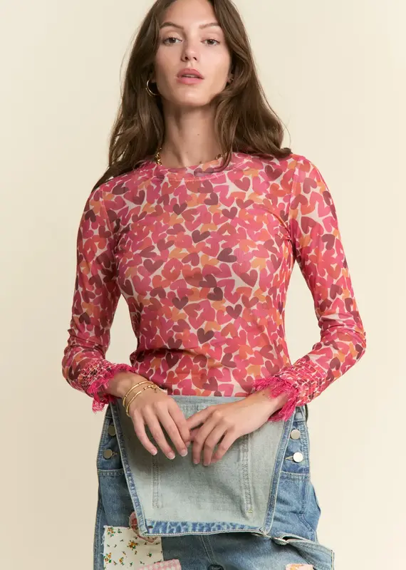 Heart Pattern Lace Detailed Sleeve Mesh Top