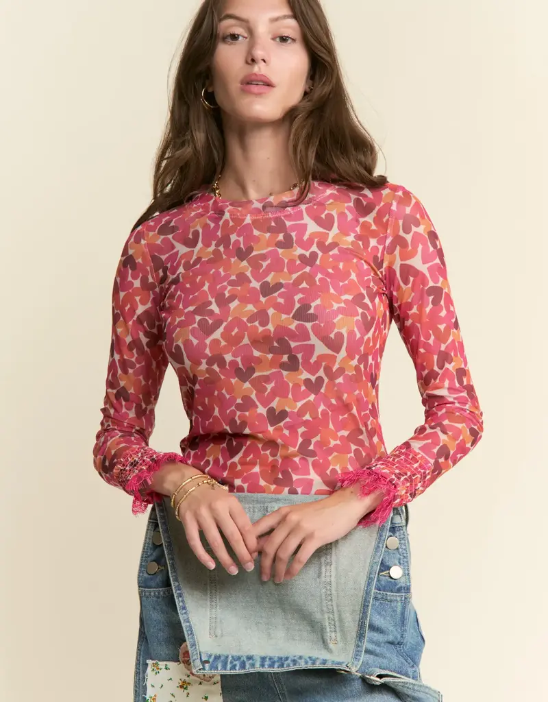 Heart Pattern Lace Detailed Sleeve Mesh Top