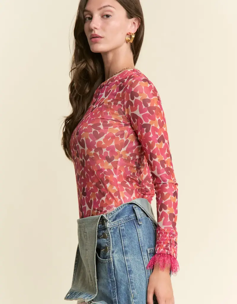 Heart Pattern Lace Detailed Sleeve Mesh Top