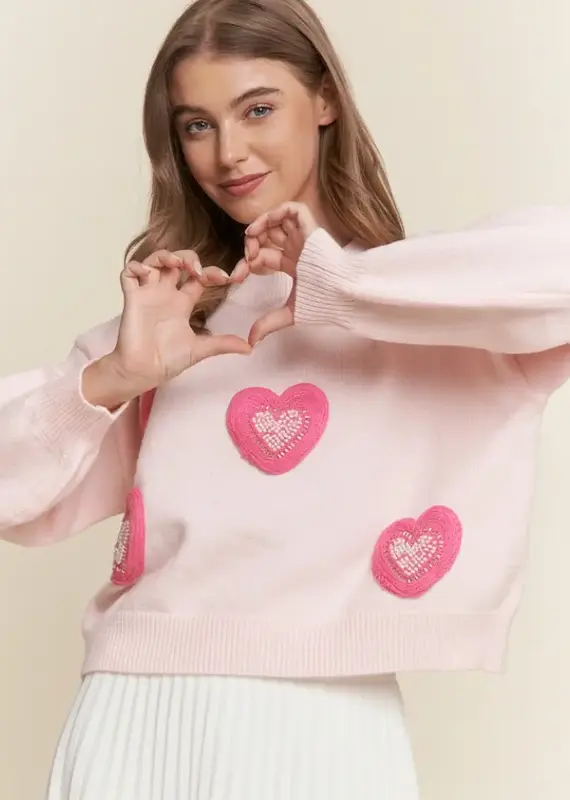 Hearts Pearl Embroidered Sweater
