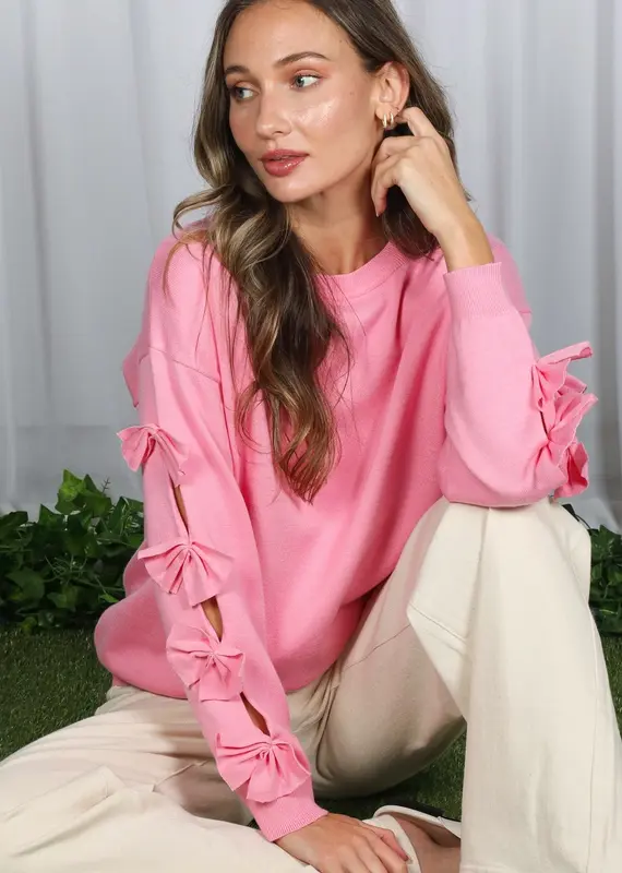 Bow Embellished Long-Sleeve Crew Neck Knit Sweater