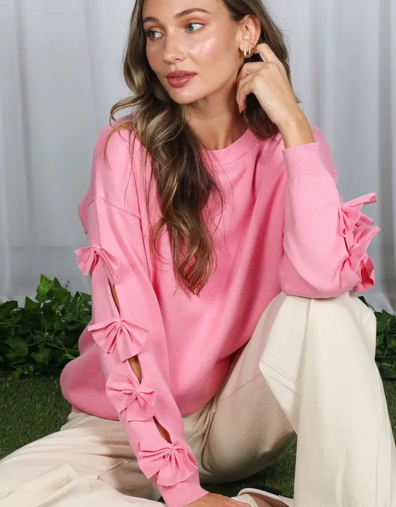 Bow Embellished Long-Sleeve Crew Neck Knit Sweater