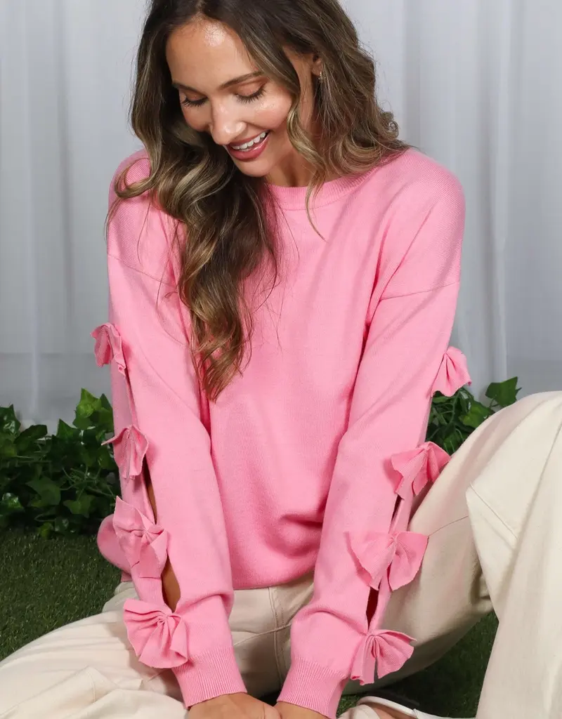 Bow Embellished Long-Sleeve Crew Neck Knit Sweater