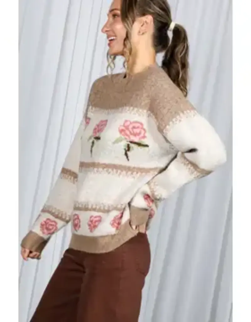 Mocha Romantic Rose Pattern Cozy Knitted Sweater