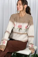 Mocha Romantic Rose Pattern Cozy Knitted Sweater