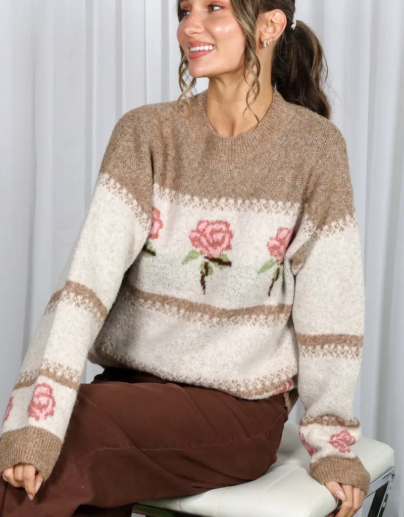 Mocha Romantic Rose Pattern Cozy Knitted Sweater