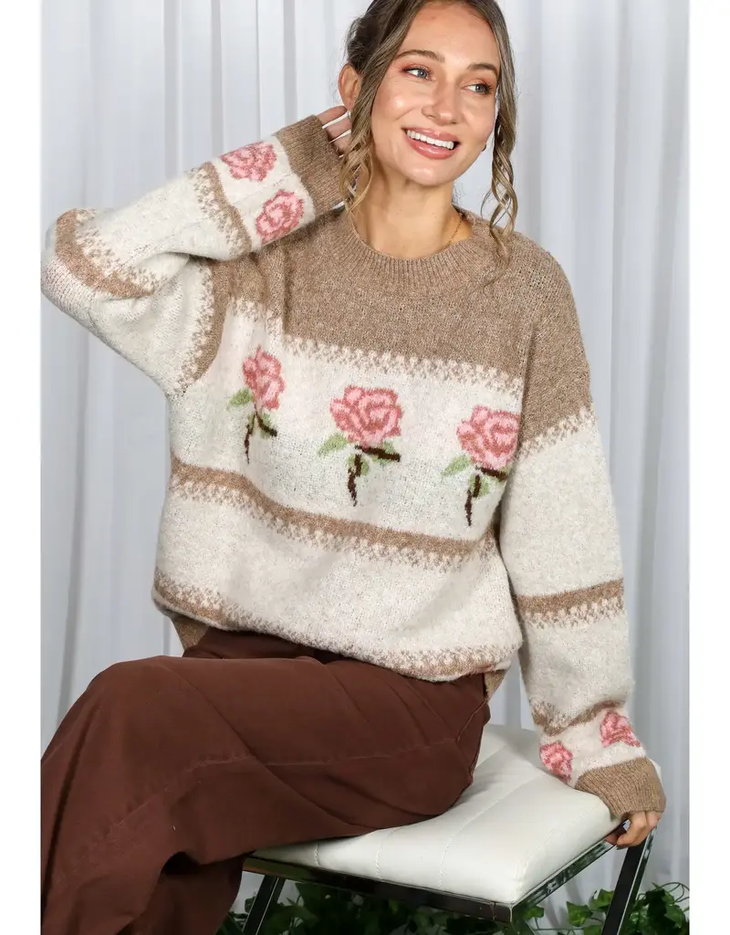 Mocha Romantic Rose Pattern Cozy Knitted Sweater