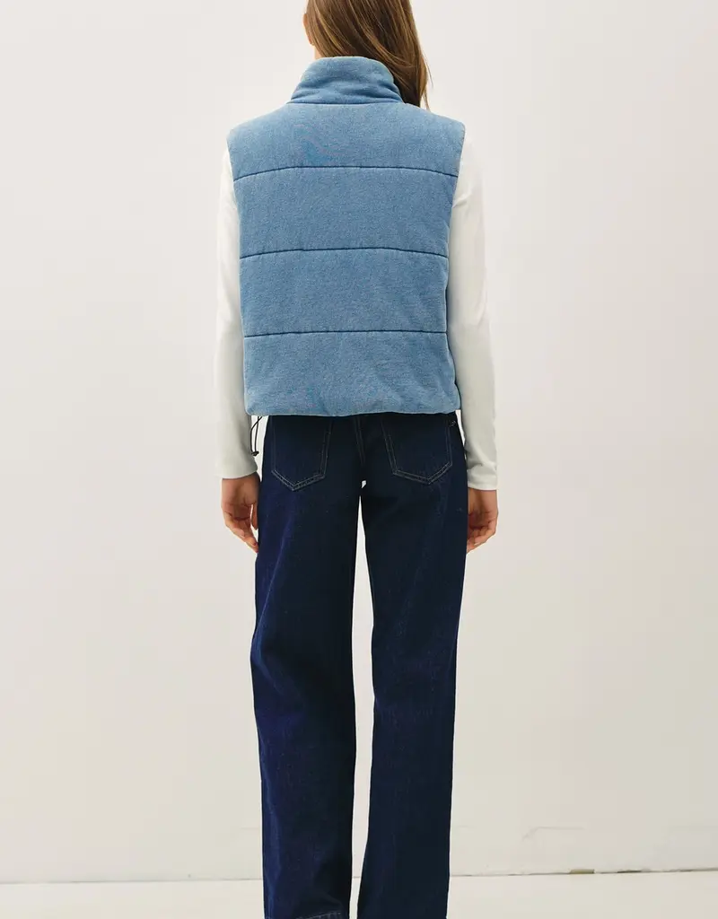 Denim Feel Vintage Washing Zip Up Puffer Vest