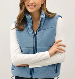 Denim Feel Vintage Washing Zip Up Puffer Vest