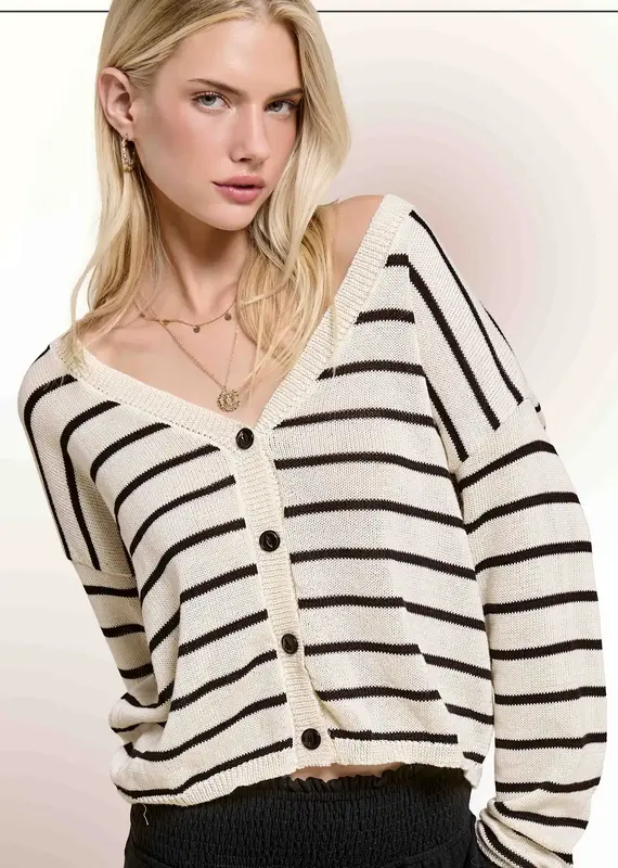 Relaxed Striped Summer V Neck Button Down Cardigan