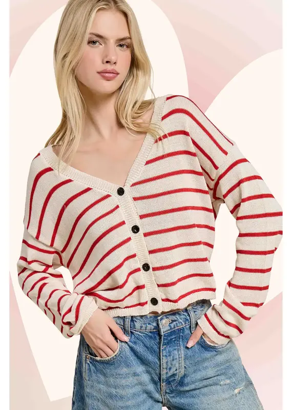 Relaxed Striped Summer V Neck Button Down Cardigan