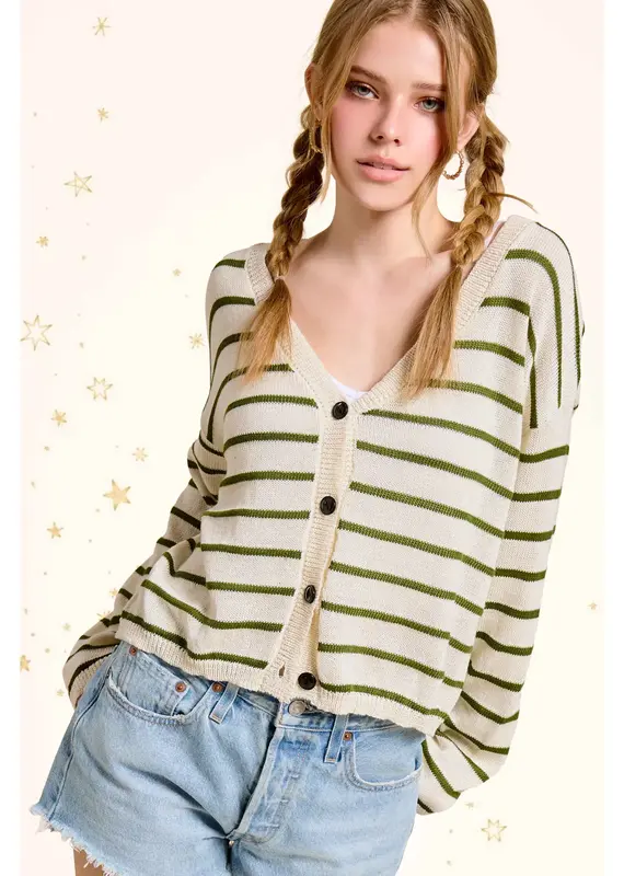Relaxed Striped Summer V Neck Button Down Cardigan
