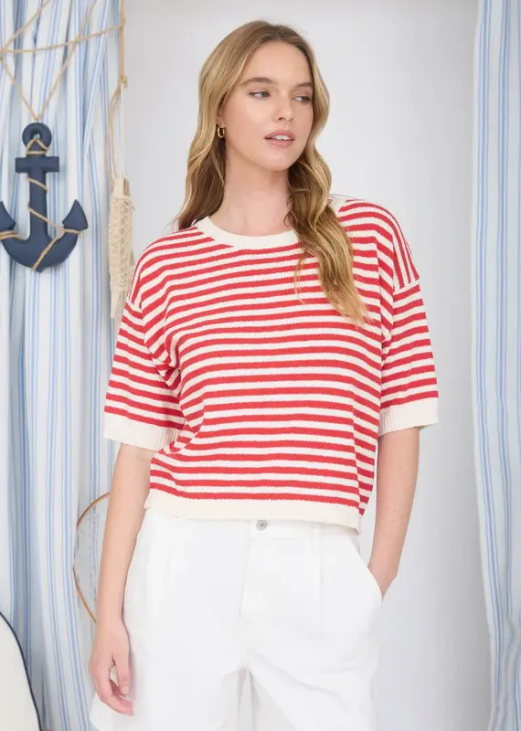 Short Sleeve Stripe Knit Sweater