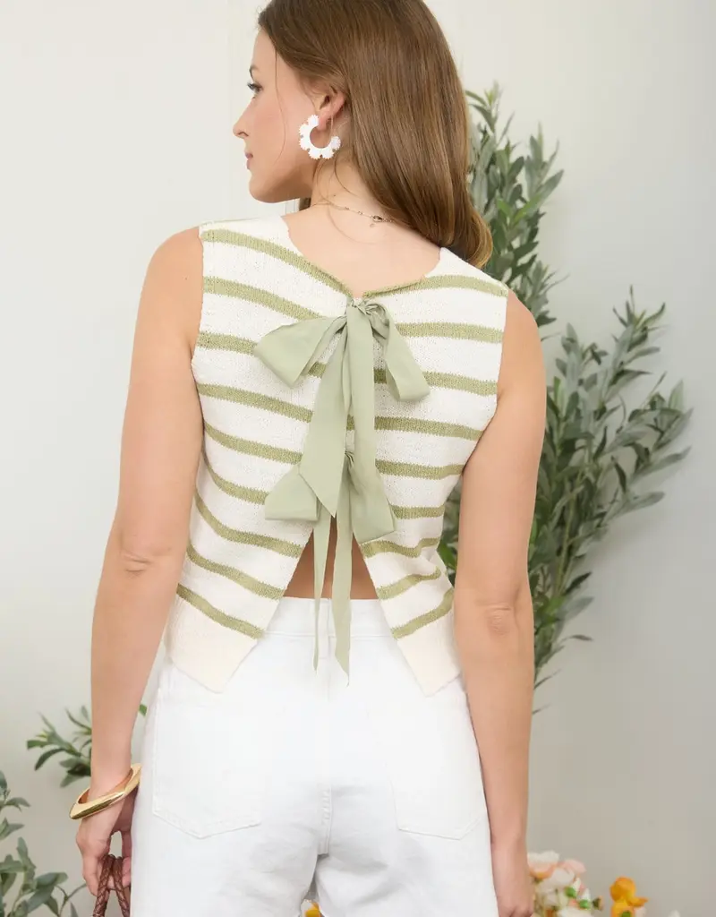 Tie Back Striped Sleeveless Knit Sweater