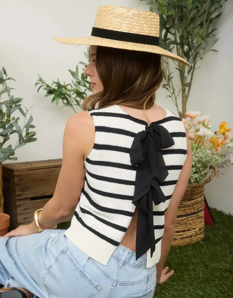 Tie Back Striped Sleeveless Knit Sweater