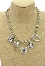 Silver Multi Heart/Flower Charms On Rollo Chain Necklace