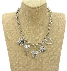 Silver Multi Heart/Flower Charms On Rollo Chain Necklace