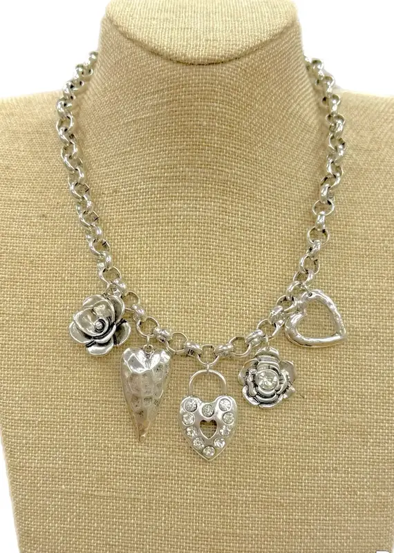 Silver Multi Heart/Flower Charms On Rollo Chain Necklace