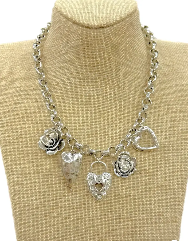 Silver Multi Heart/Flower Charms On Rollo Chain Necklace