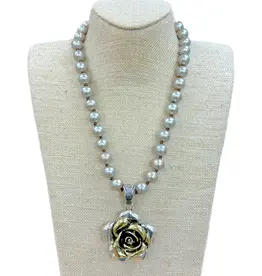 Two Tone Rose Pendant On Faux Navajo Pearl Necklace