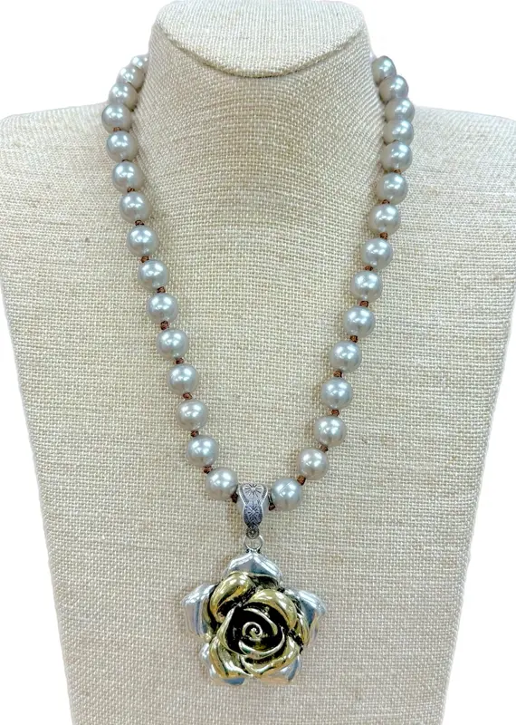 Two Tone Rose Pendant On Faux Navajo Pearl Necklace