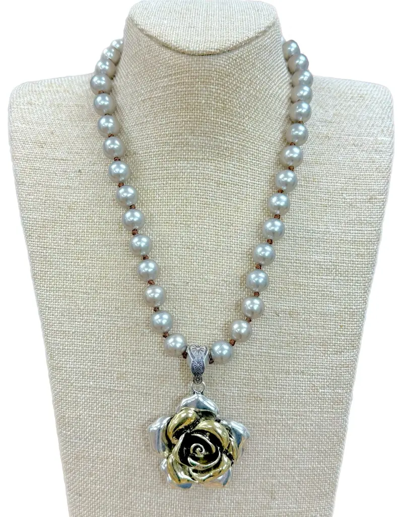 Two Tone Rose Pendant On Faux Navajo Pearl Necklace