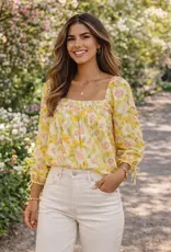 Sunflower Print Sqaure Neck Tie Sleeve Top